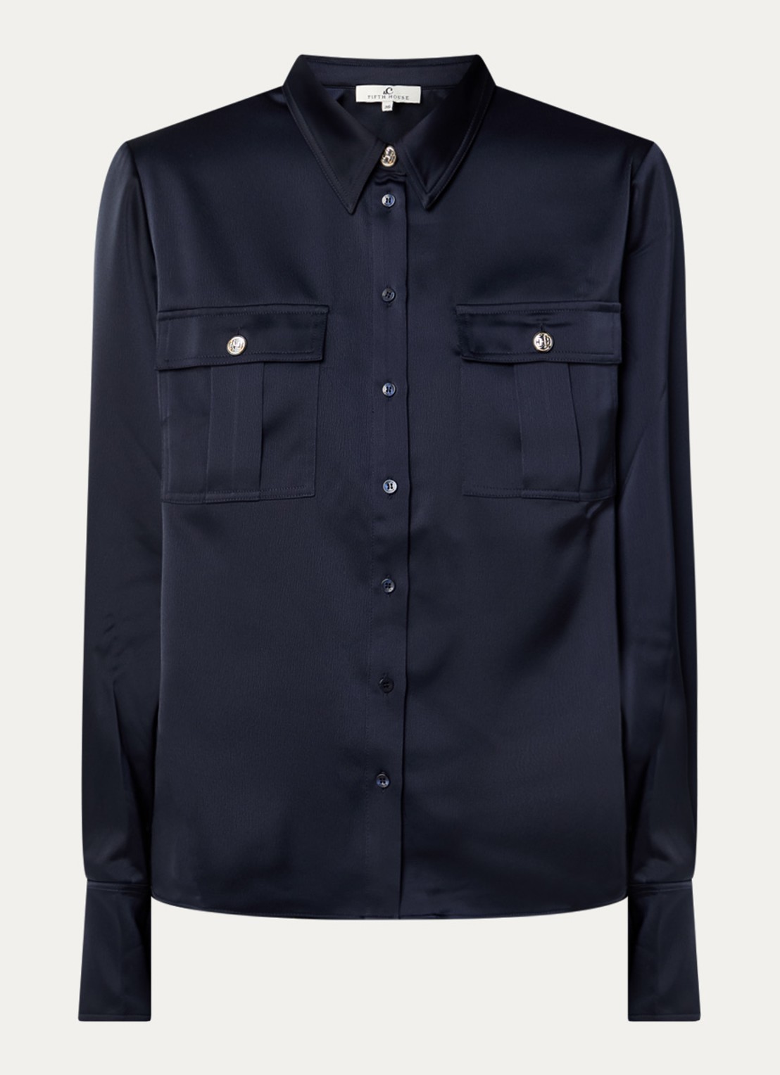Fifth House Lora blouse van satijn met klepzakken - voorkant 2 donkerblauw