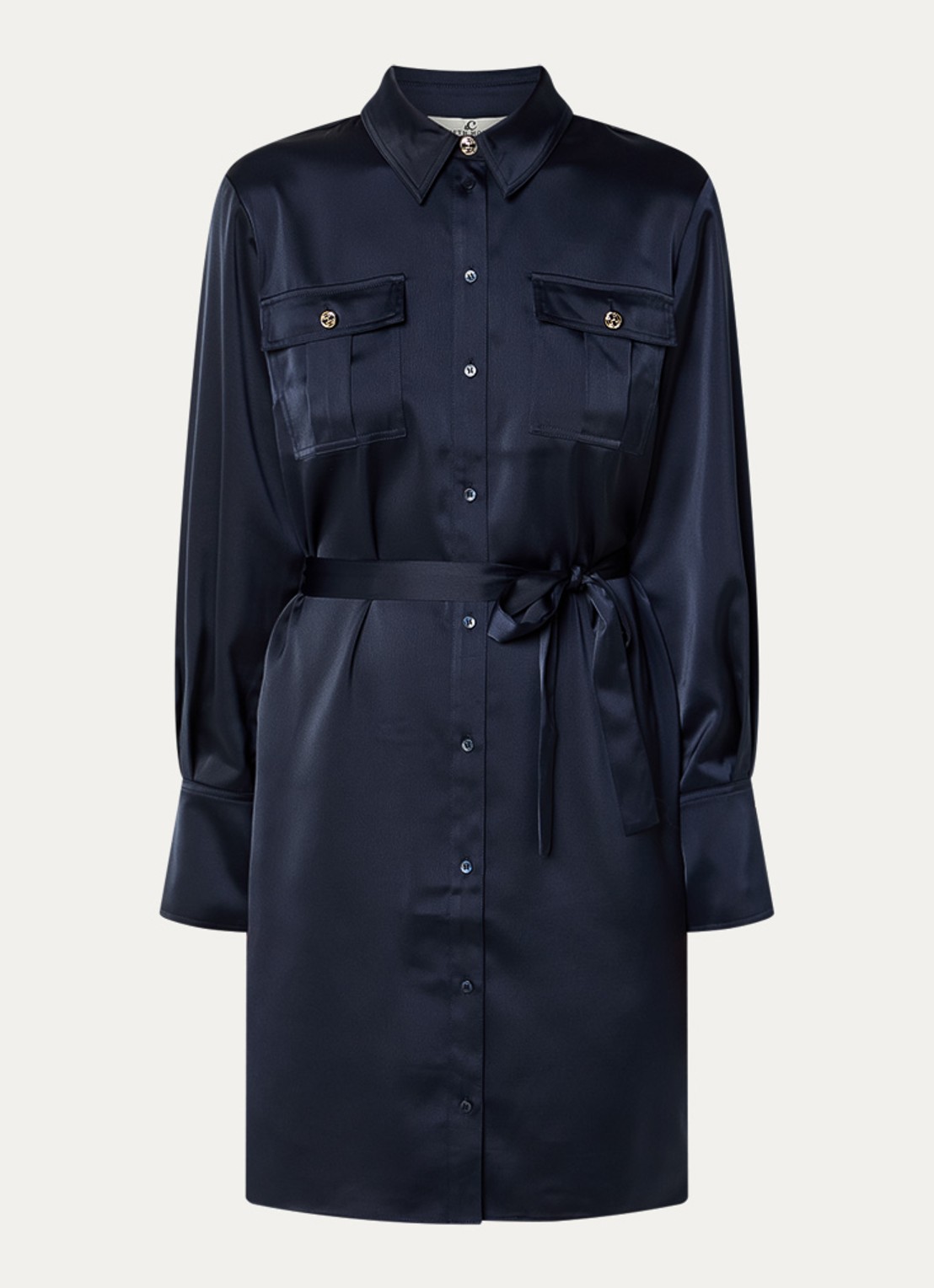Fifth House Lora mini blousejurk van satijn met strikceintuur - voorkant donkerblauw