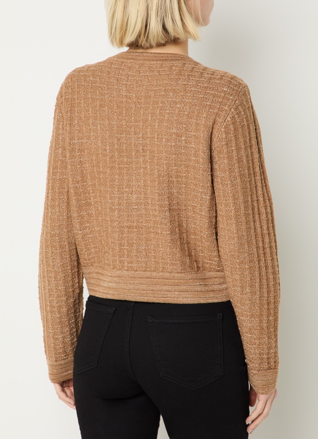 Fifth House Loreline cropped grofgebreid vest met lurex - achterkant cognac