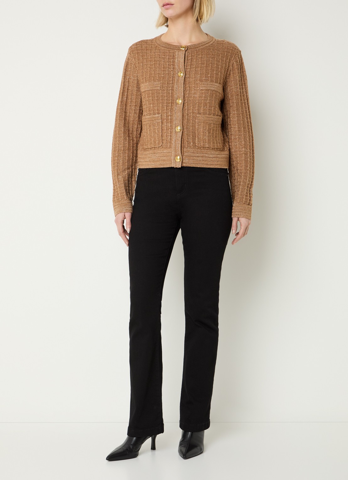 Fifth House Loreline cropped grofgebreid vest met lurex - voorkant 4 cognac