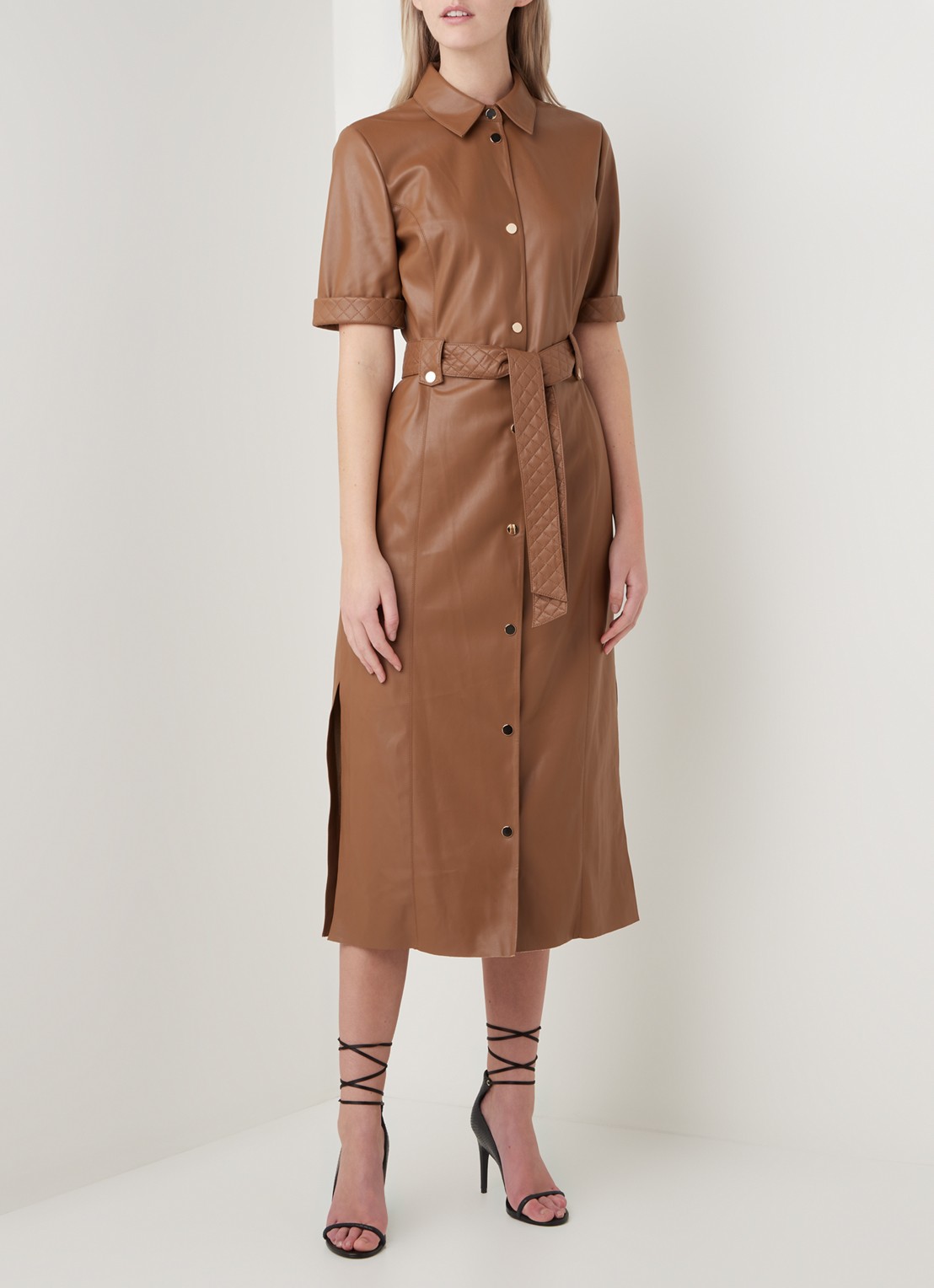 Fifth House Mac midi blousejurk van imitatieleer - detail bruin