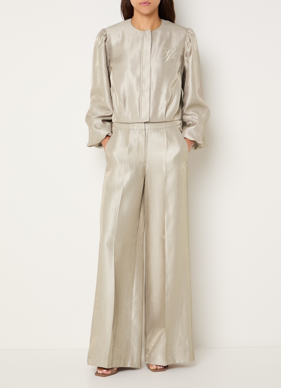 Fifth House Manouk mid waist loose fit pantalon met glazende finish  - voorkant 4 beige