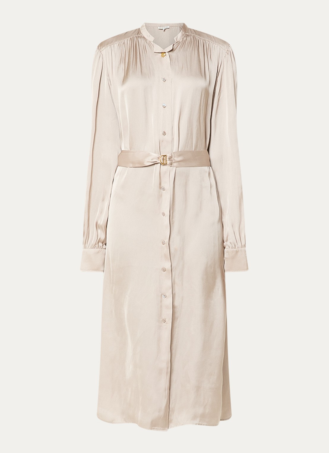 Fifth House Marion midi blousejurk van satijn met strikceintuur - voorkant 2 beige