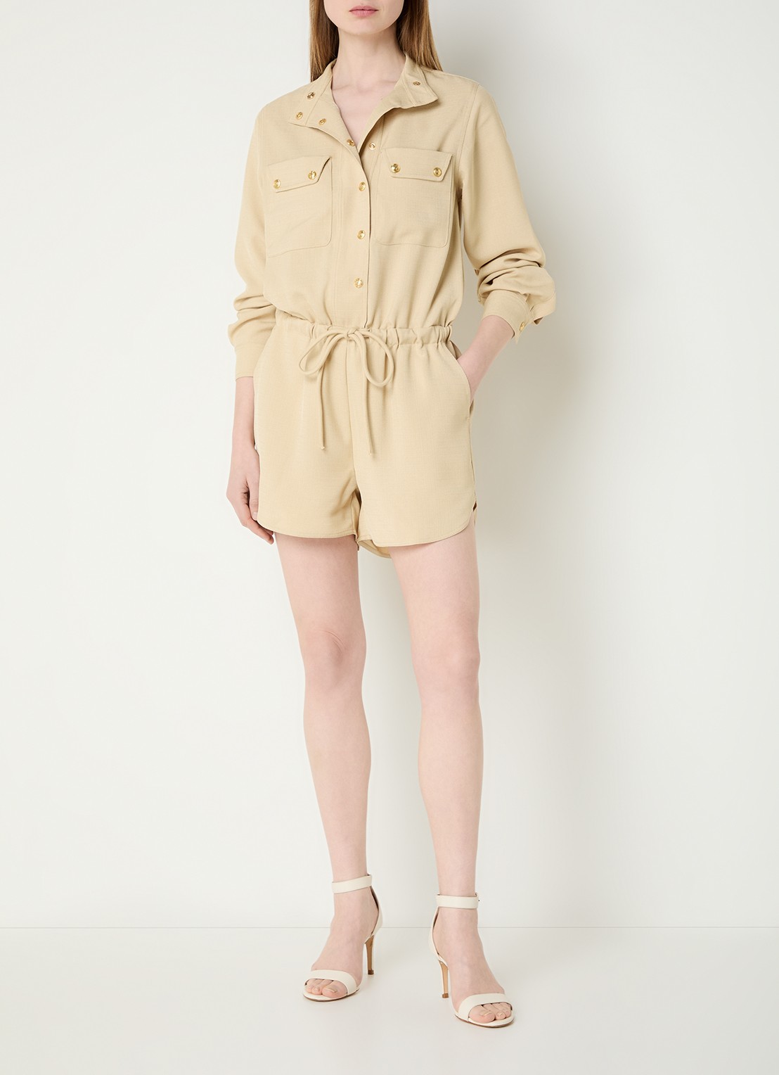 Fifth House Mina straight fit playsuit met trekkoord en steekzakken - voorkant 2 beige