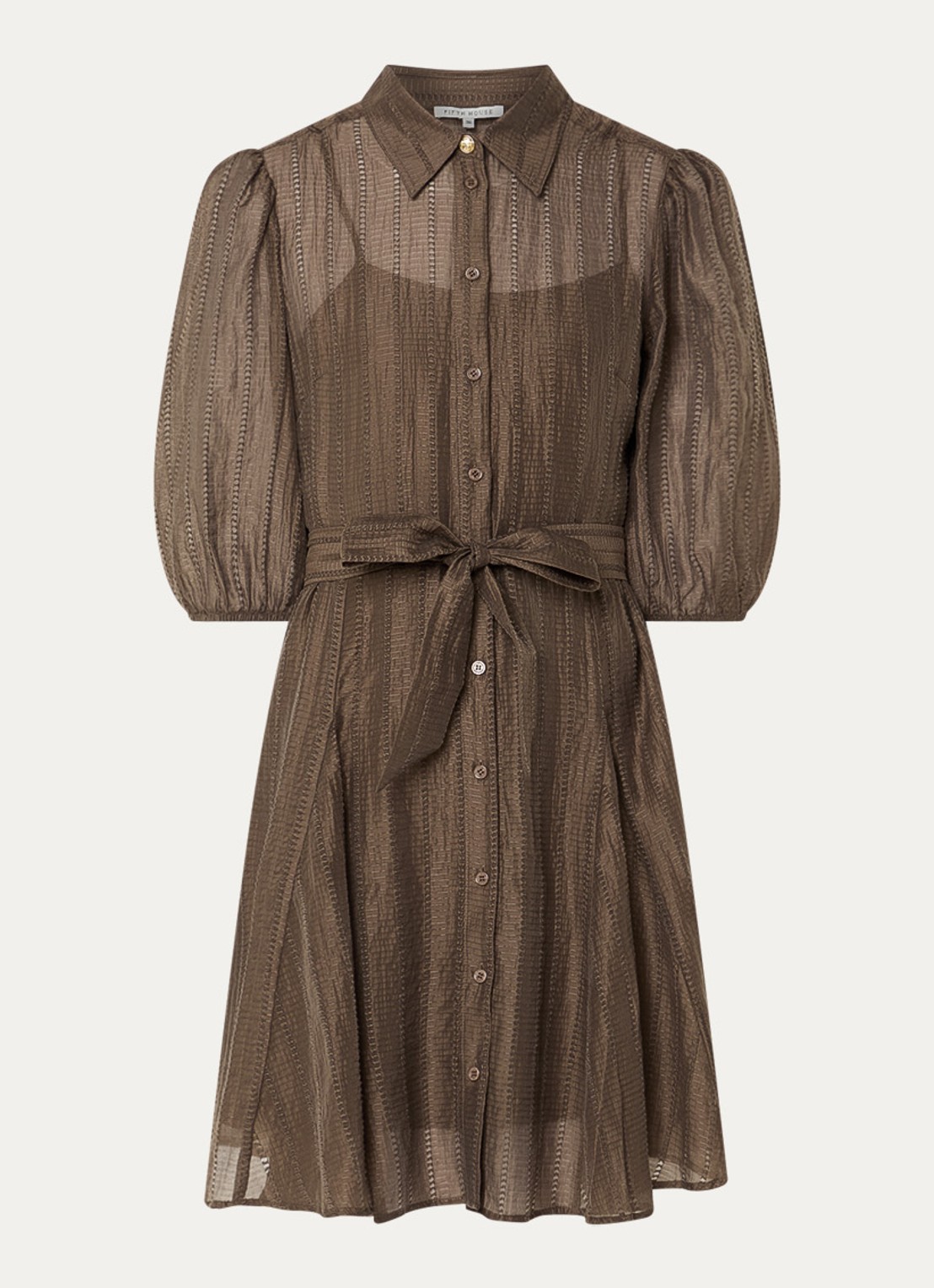Fifth House Myra mini blousejurk met strikceintuur - voorkant bruin