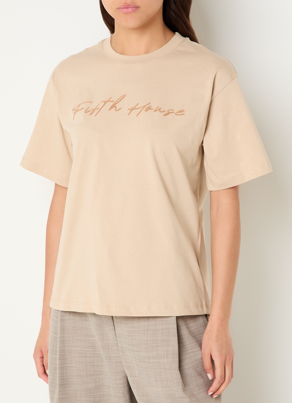 Fifth House Odilla T-shirt met flock logoprint - detail 4 beige