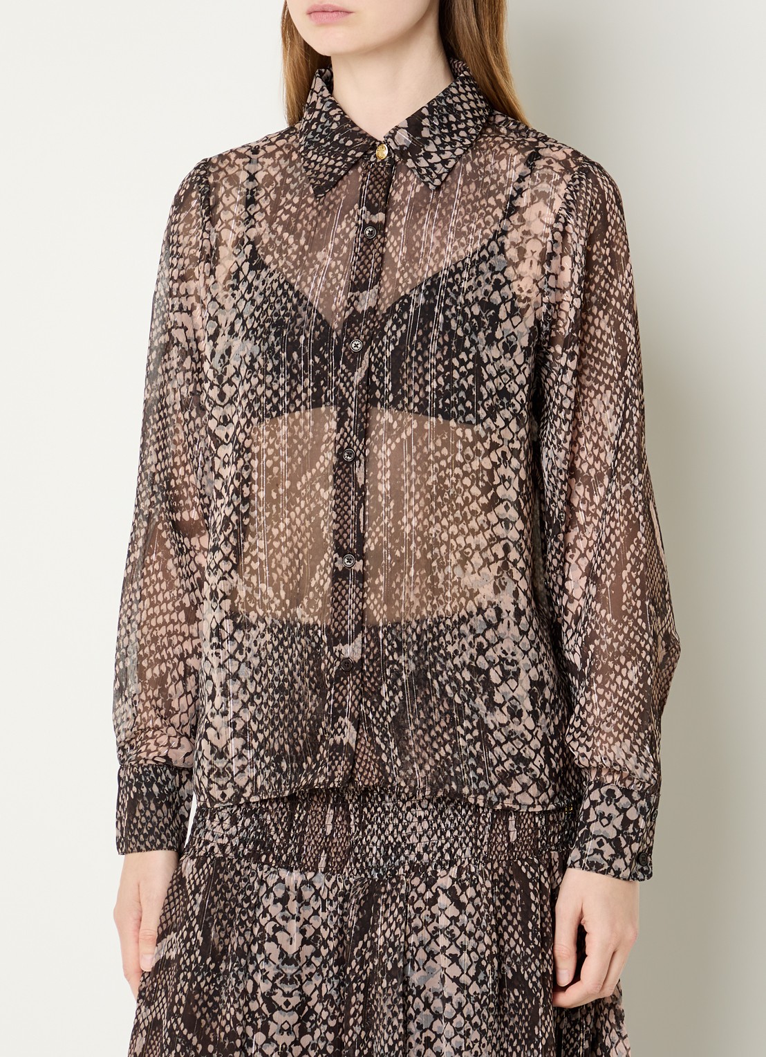 Fifth House Olicia semi-transparante blouse met slangenprint - detail bruin