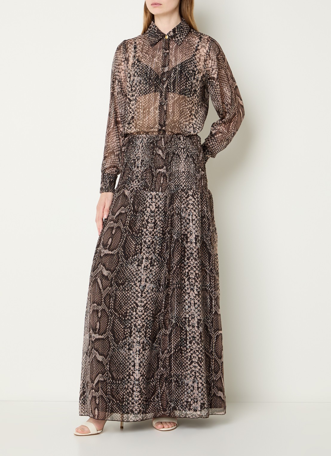 Fifth House Olicia semi-transparante blouse met slangenprint - voorkant 4 bruin