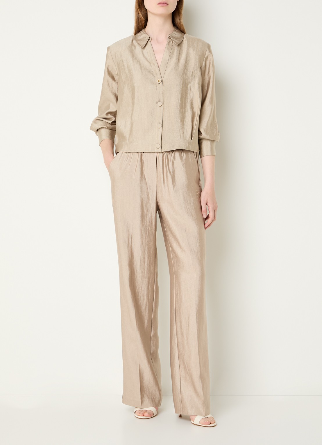 Fifth House Orlando high waist straight fit broek met glanzende finish - voorkant 2 beige