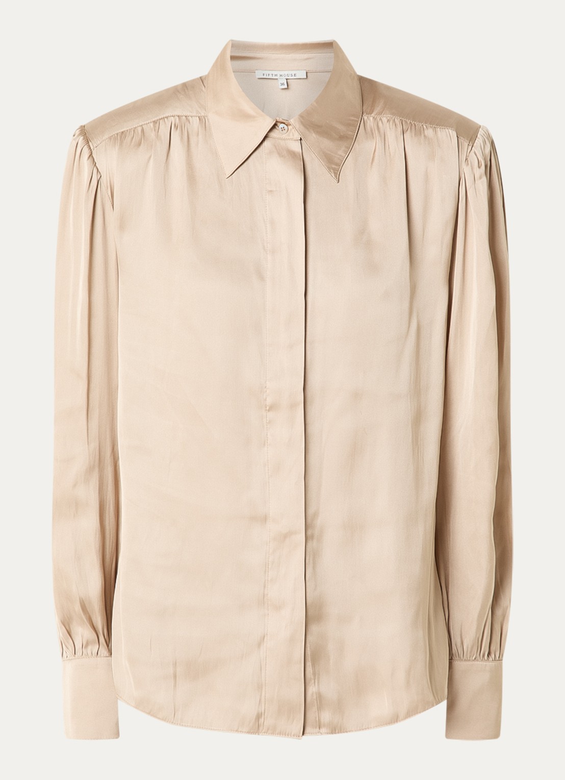 Fifth House Oslo blouse van satijn met schoudervulling - voorkant 2 beige