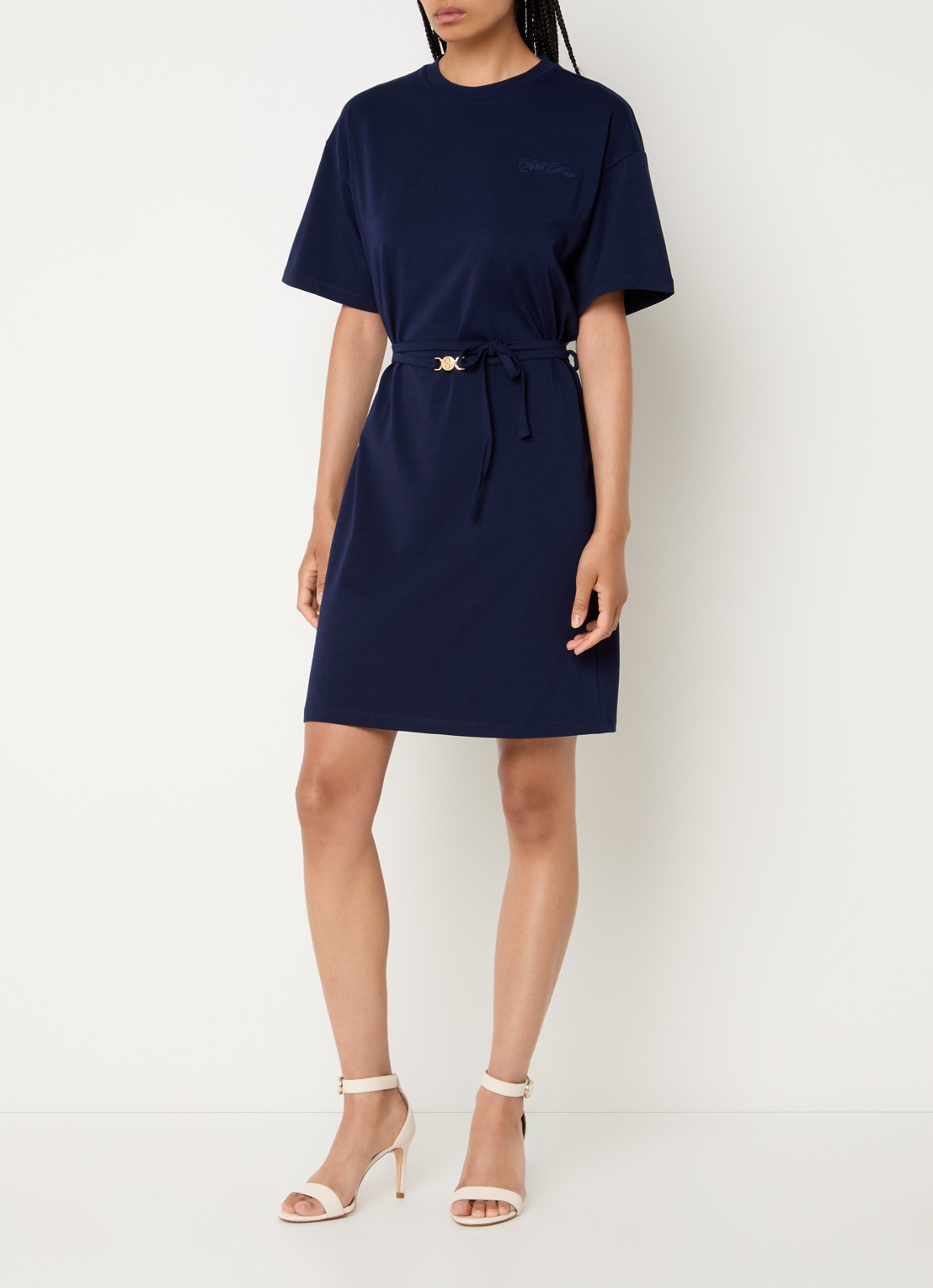 Fifth House Oxsana mini jurk met logoborduring en strikceintuur - voorkant 4 donkerblauw