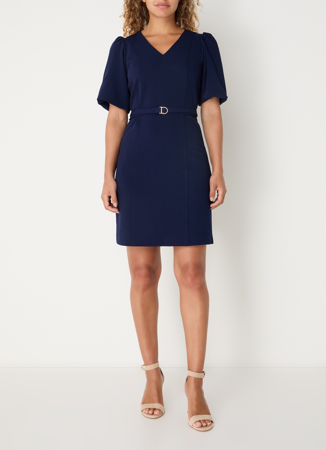 Fifth House Ozias mini jurk met pofmouw en ceintuur - voorkant 2 royalblauw