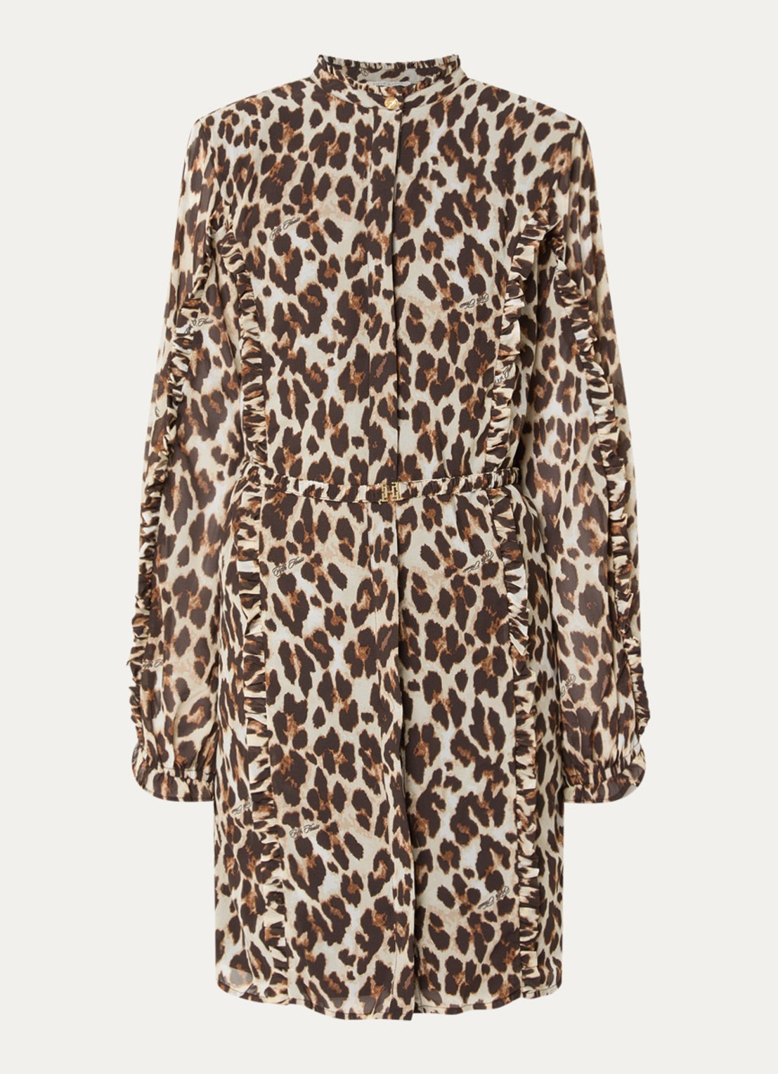 Fifth House Palesa mini blouse jurk met panterprint en volant  - voorkant bruin