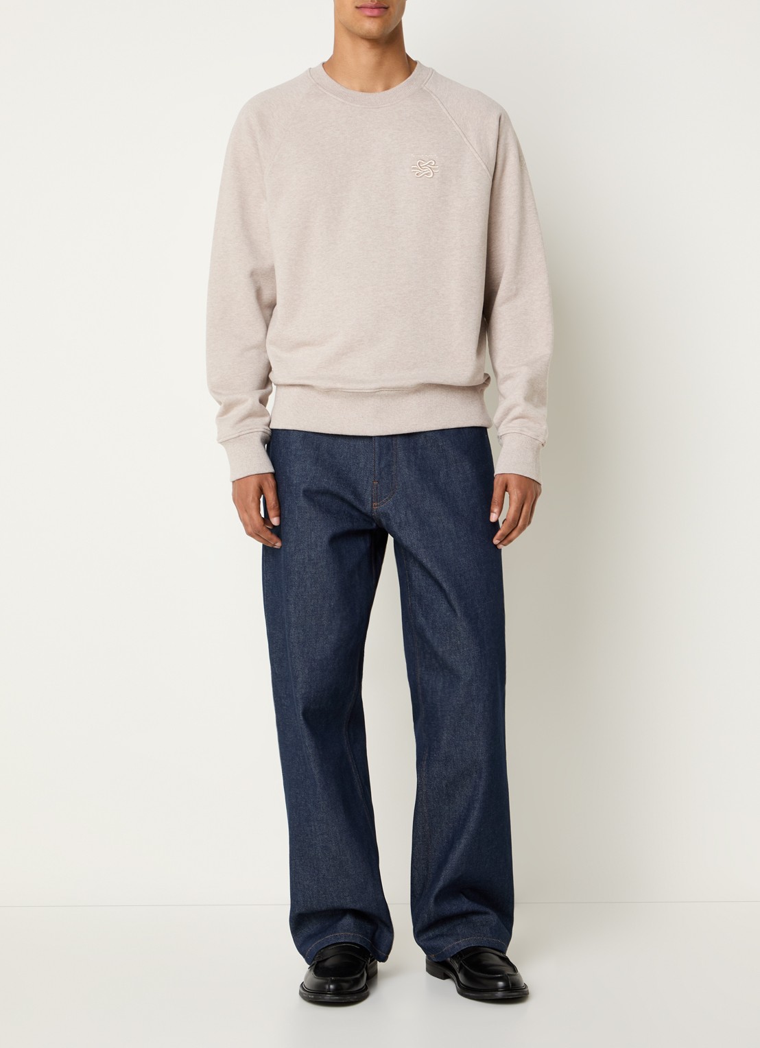 Filling Pieces Embroidered Knot sweater met gemêleerd dessin en logoborduring - voorkant 3 donkerbeige