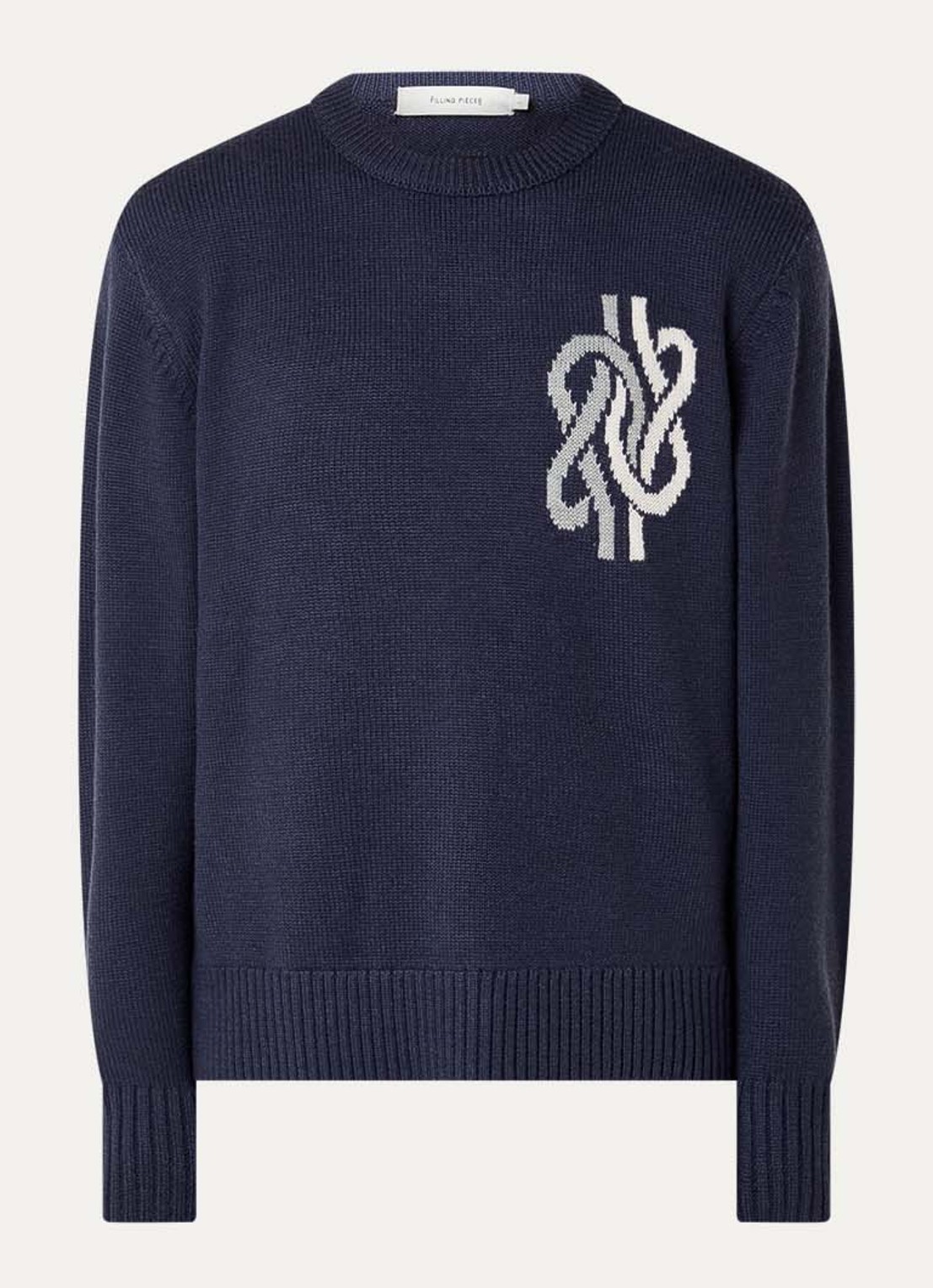 Filling Pieces Knot fijngebreide trui in wolblend met ingebreide print - voorkant 2 donkerblauw