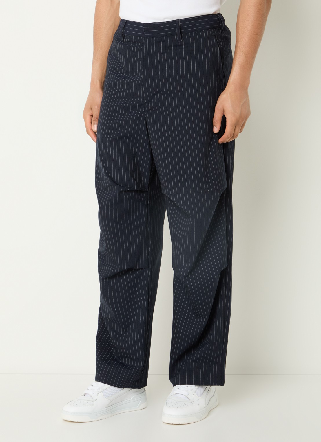 Filling Pieces Loose fit pantalon in wolblend met krijtstreep - detail 4 donkerblauw