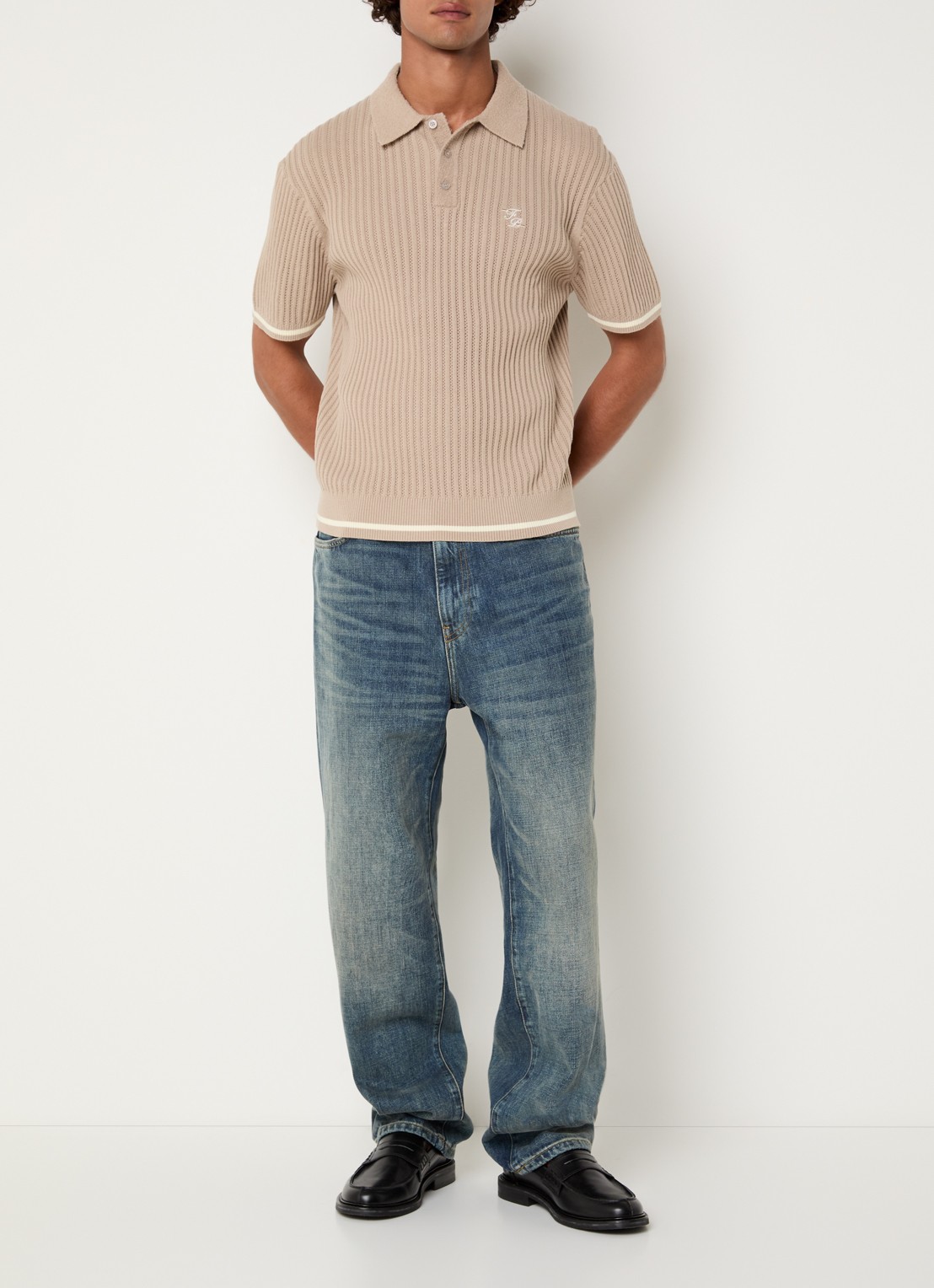 Filling Pieces Regular fit polo met logoborduring - voorkant 2 beige
