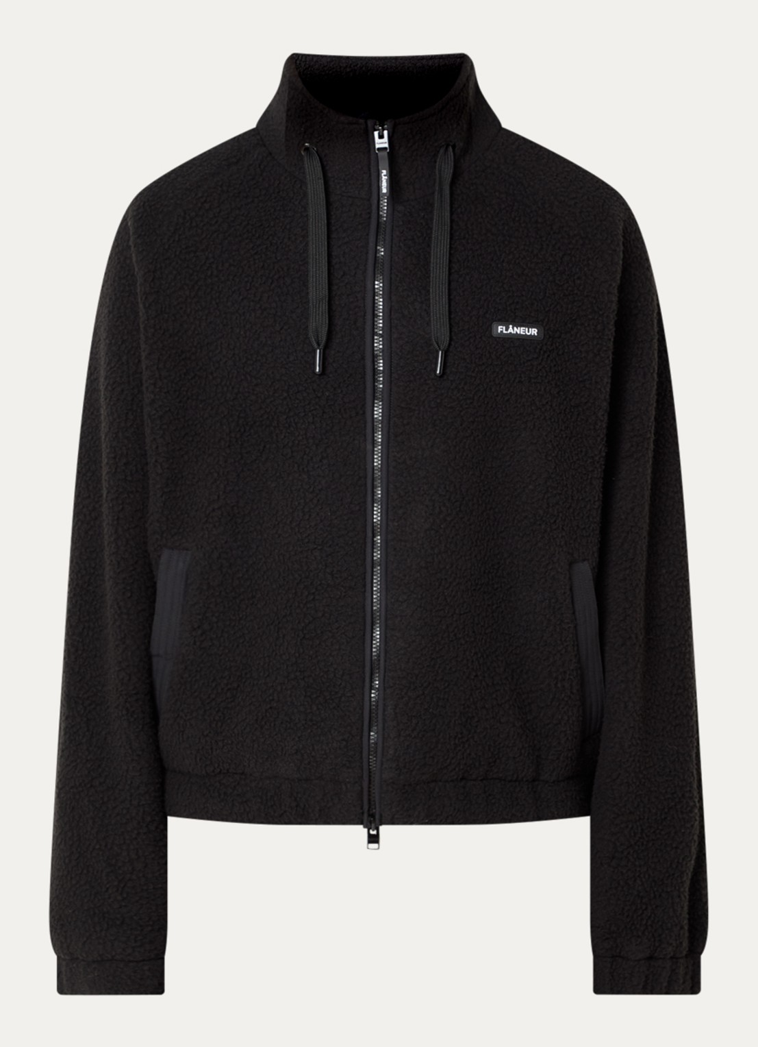 FLÂNEUR Frosted Badge jack van fleece met logo - voorkant 3 zwart