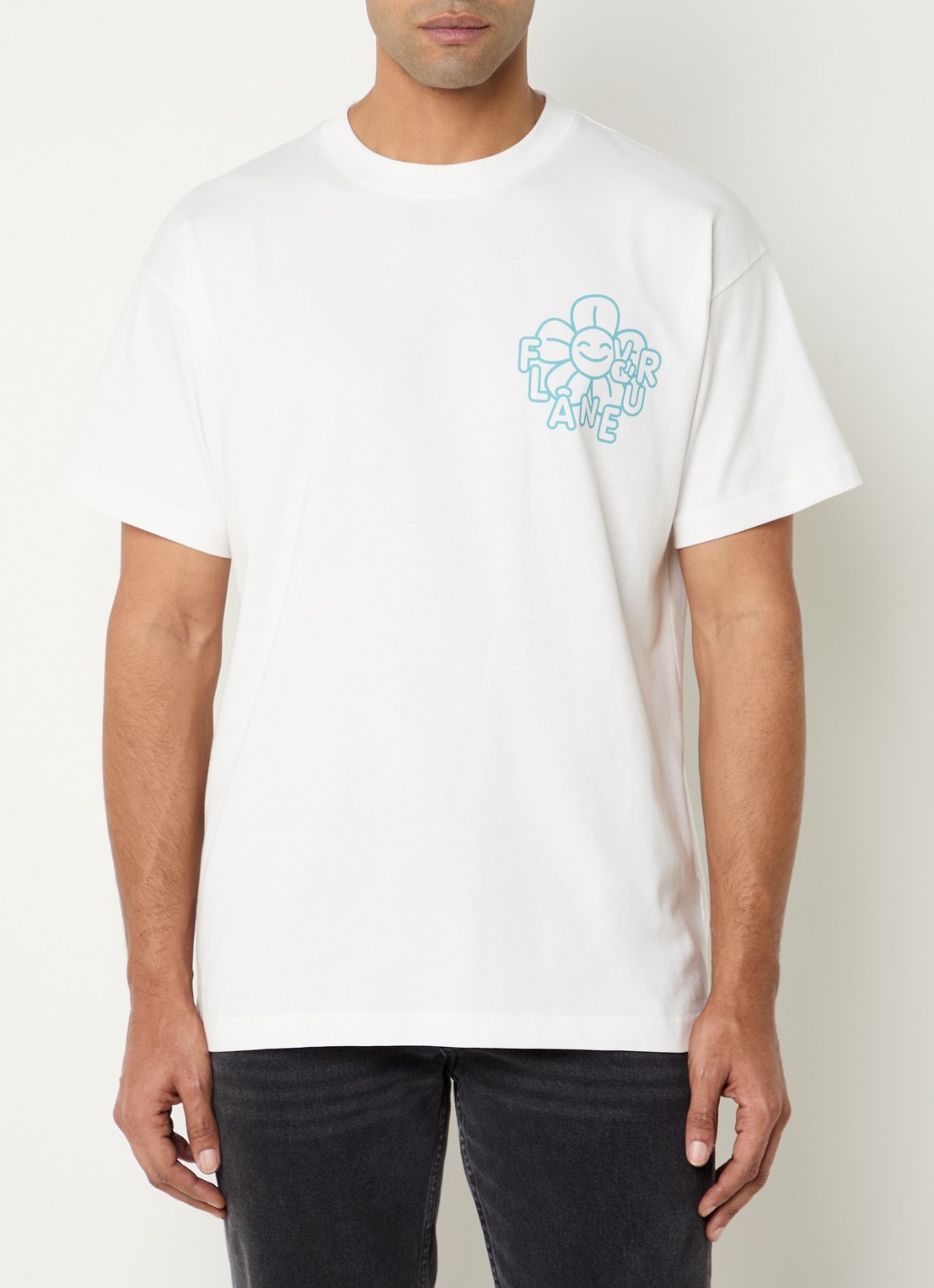 FLÂNEUR Happy Flower T-shirt met logo- en backprint - achterkant 4 wit