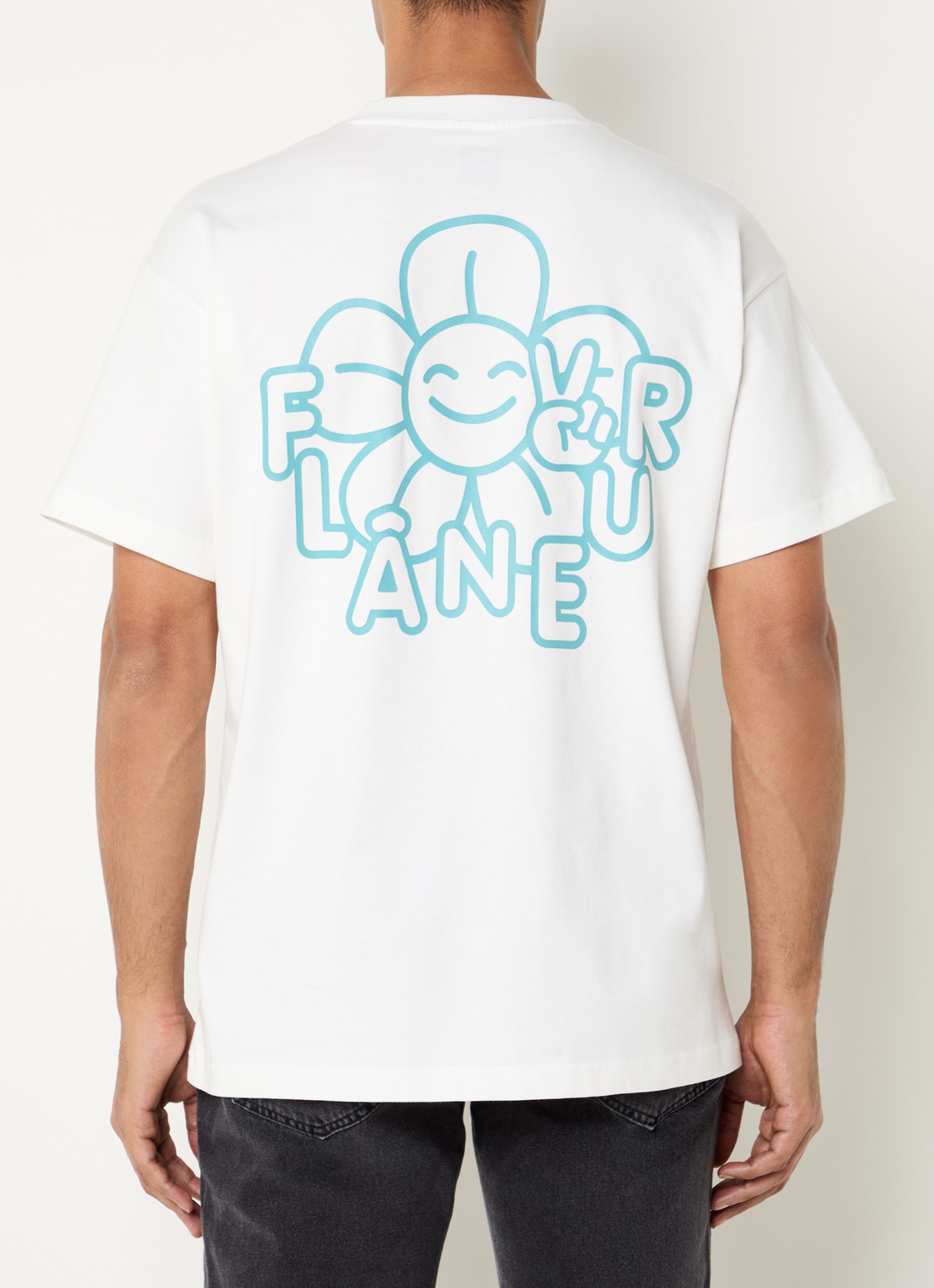 FLÂNEUR Happy Flower T-shirt met logo- en backprint - detail wit