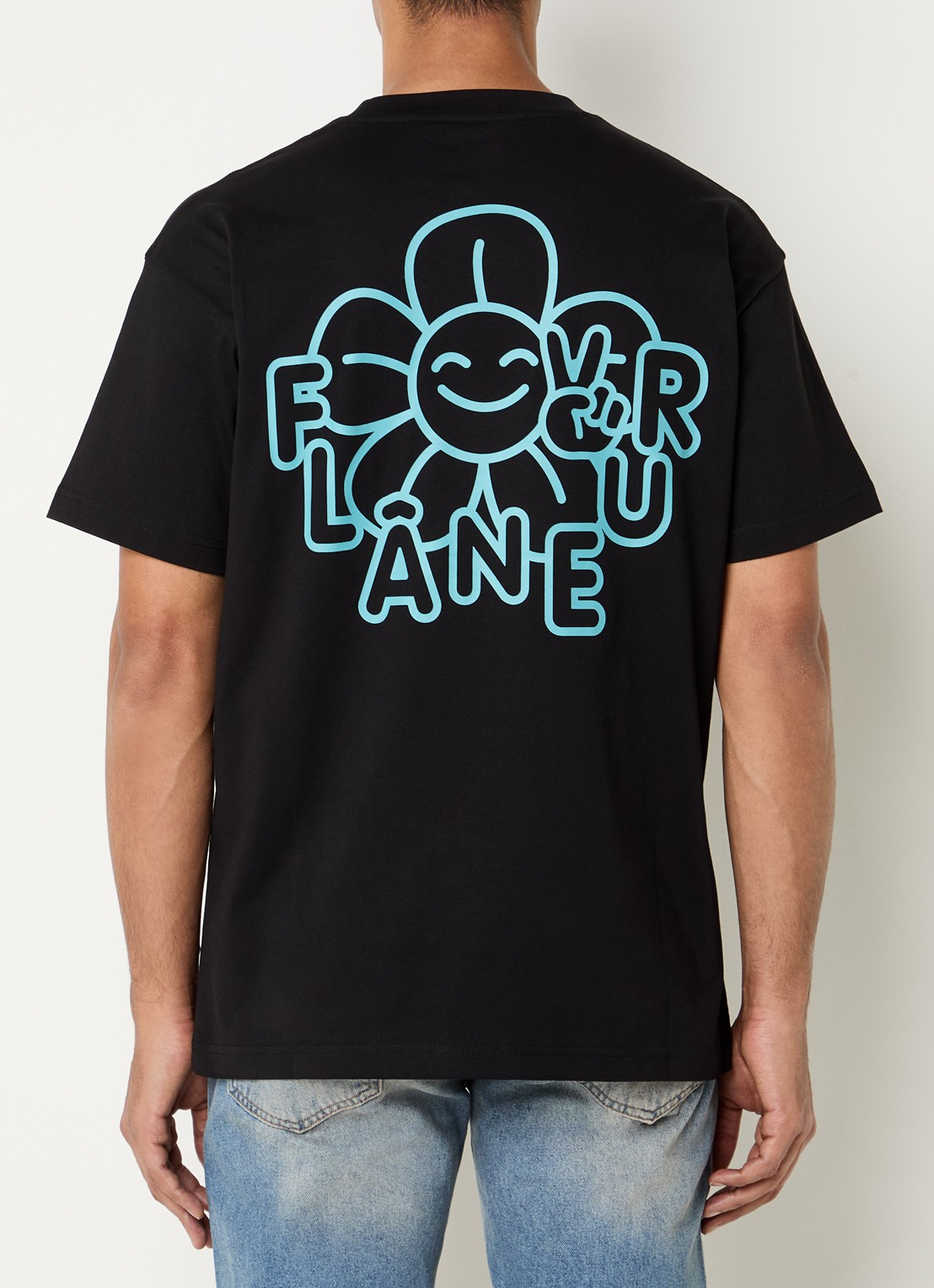 FLÂNEUR Happy Flower T-shirt met logo- en backprint - detail 4 zwart