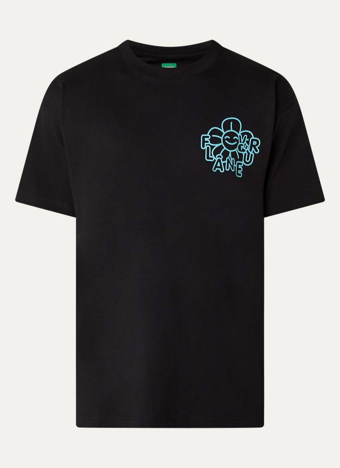 FLÂNEUR Happy Flower T-shirt met logo- en backprint - voorkant zwart