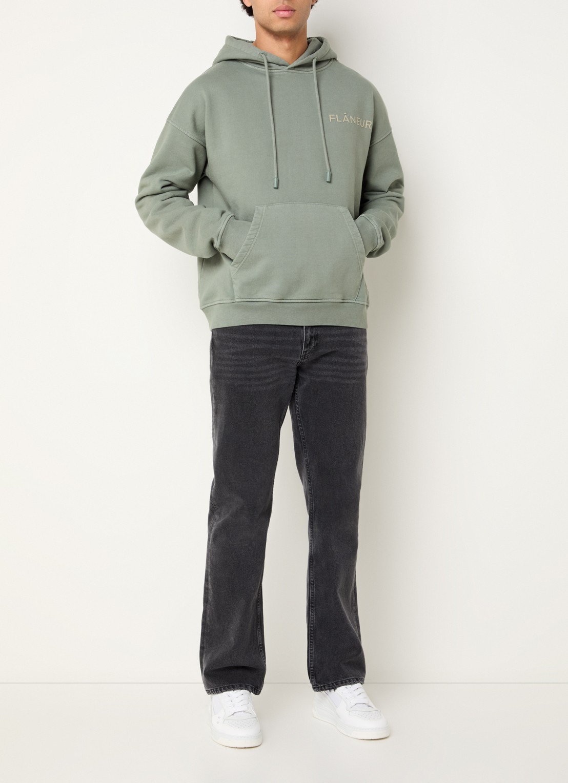 FLÂNEUR Hoodie met logo- en backprint - voorkant 3 groen