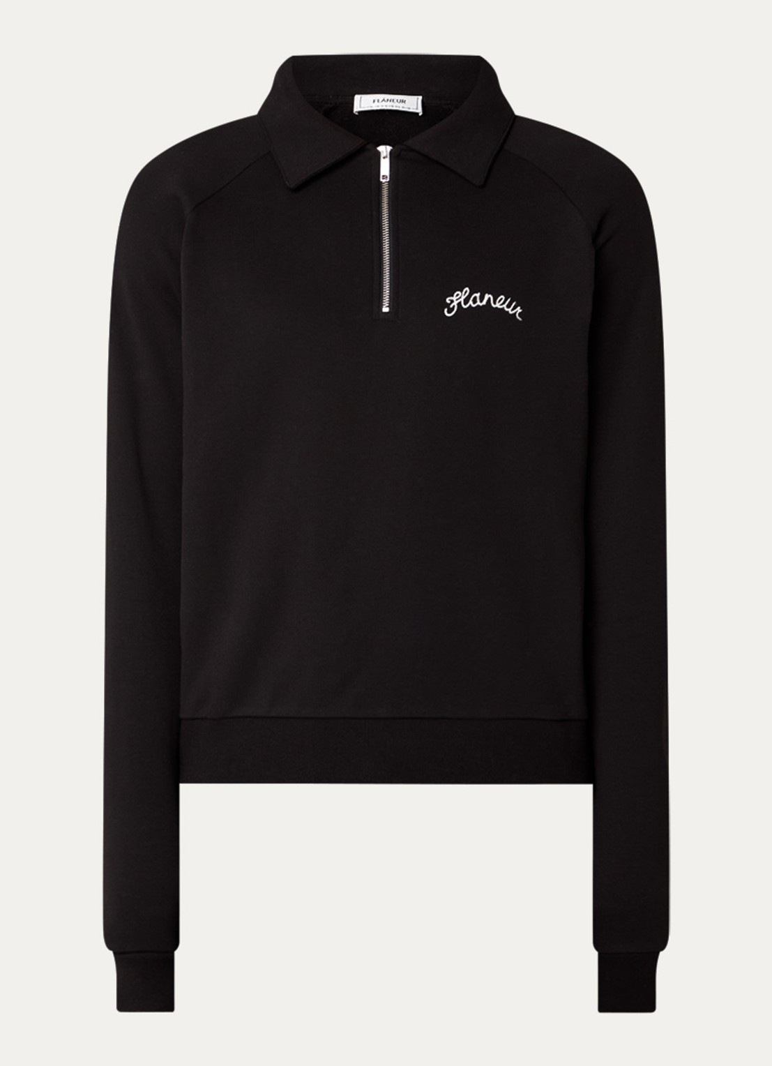 FLÂNEUR Raglan trui met halve rits en logoborduring - voorkant 2 zwart