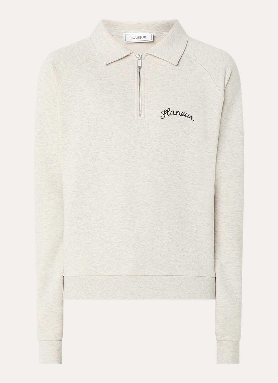 FLÂNEUR Raglan trui met halve rits en logoborduring - voorkant lichtgrijs