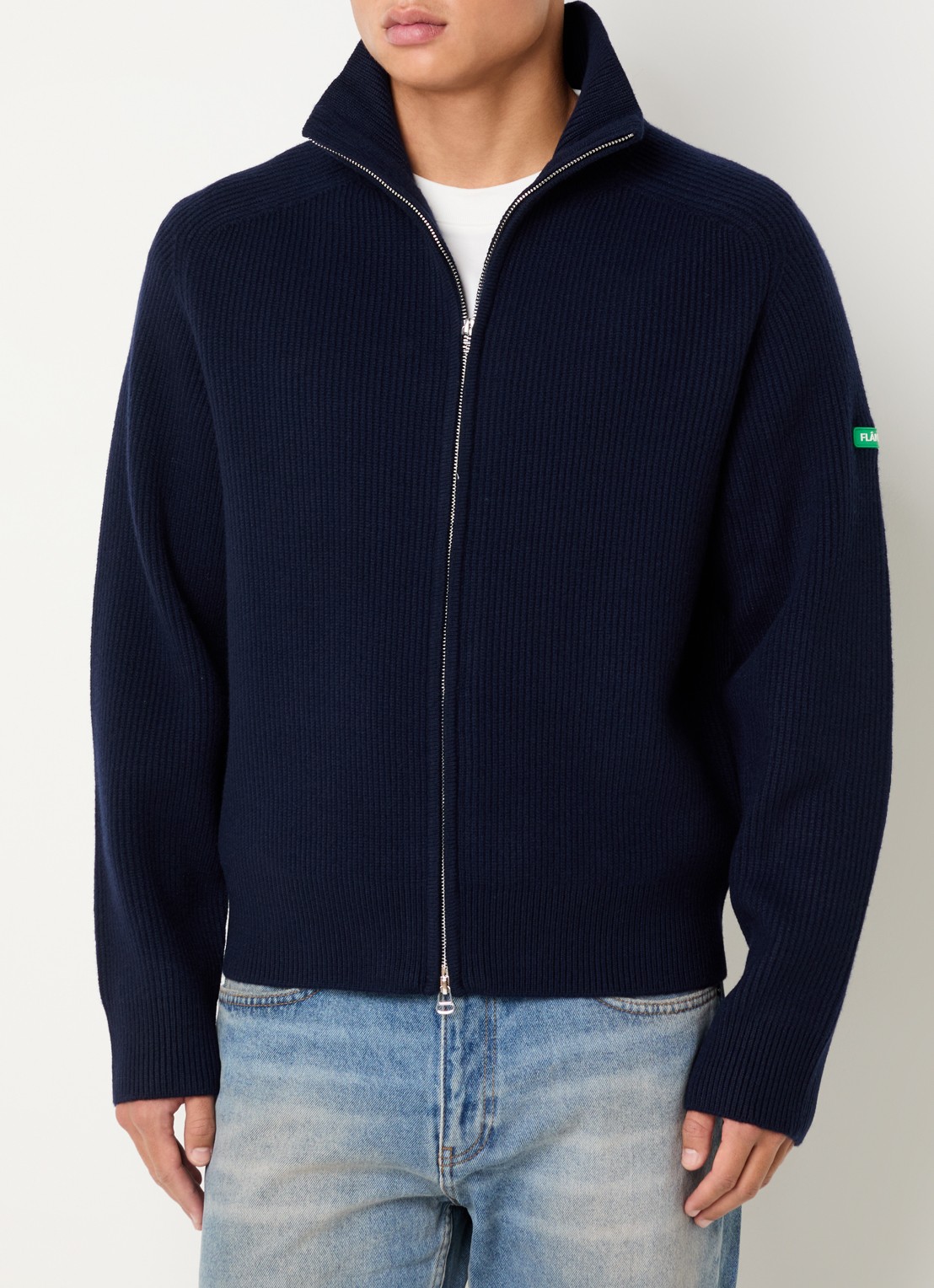 FLÂNEUR Ribgebreid vest van wol met logo - detail donkerblauw