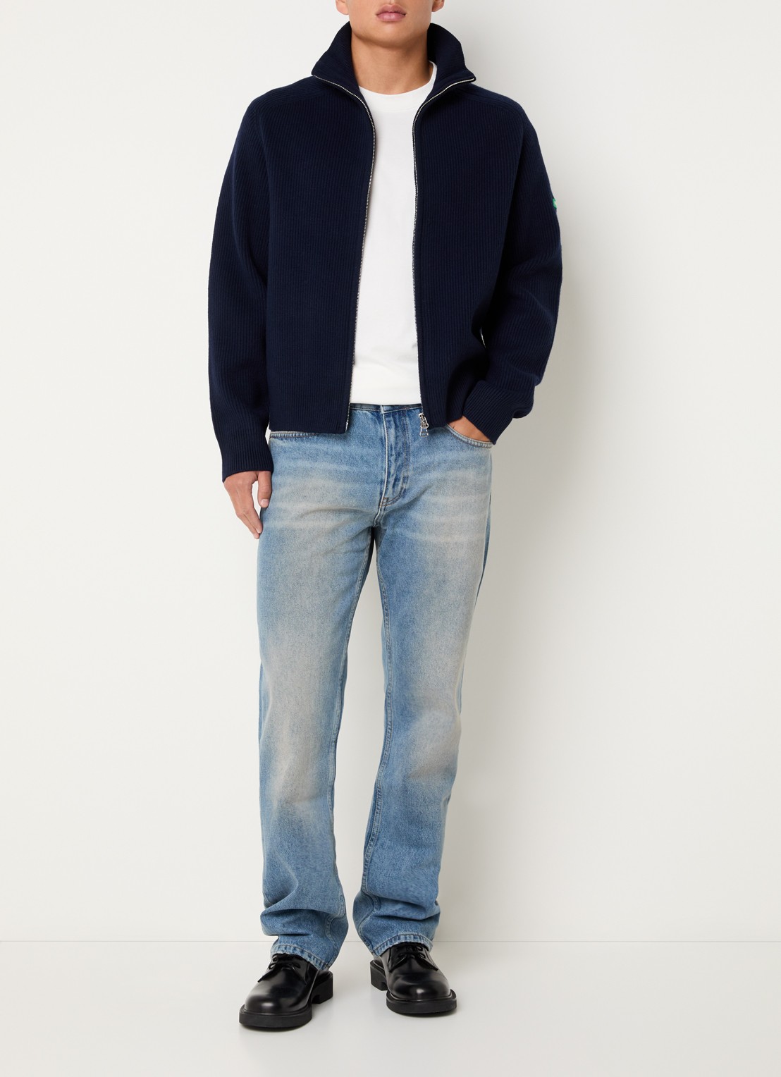 FLÂNEUR Ribgebreid vest van wol met logo - voorkant 4 donkerblauw