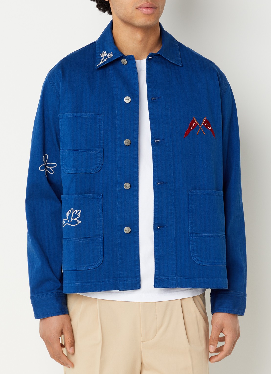 forét Forager overshirt van denim met front- en backprint - detail 4 kobaltblauw