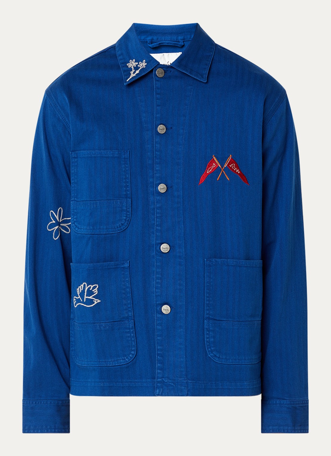 forét Forager overshirt van denim met front- en backprint - voorkant 2 kobaltblauw