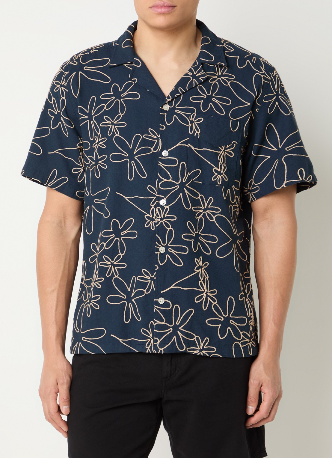 forét Peer comfort fit overhemd met borduring - detail 4 donkerblauw