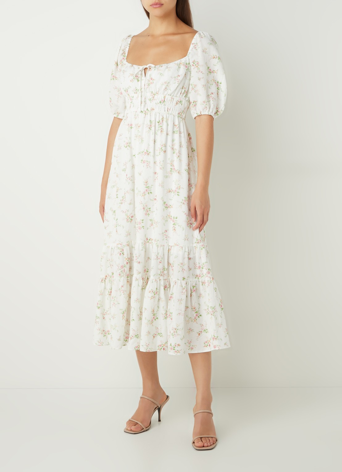 Forever New Josephine midi jurk in linnenblend met bloemenprint - detail 4 wit