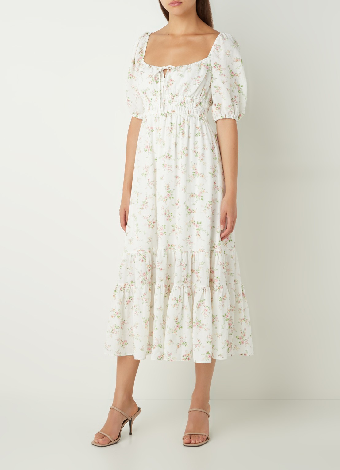 Forever New Josephine midi jurk in linnenblend met bloemenprint - voorkant 3 wit