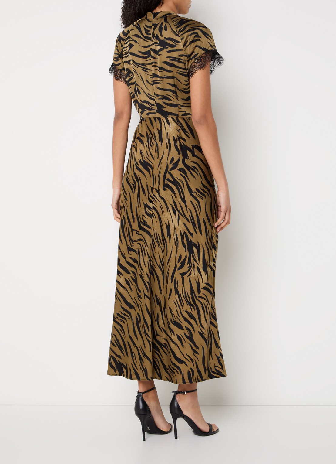 French Connection Abeline ennis midi jurk van satijn met zebraprint - achterkant 3 mosgroen