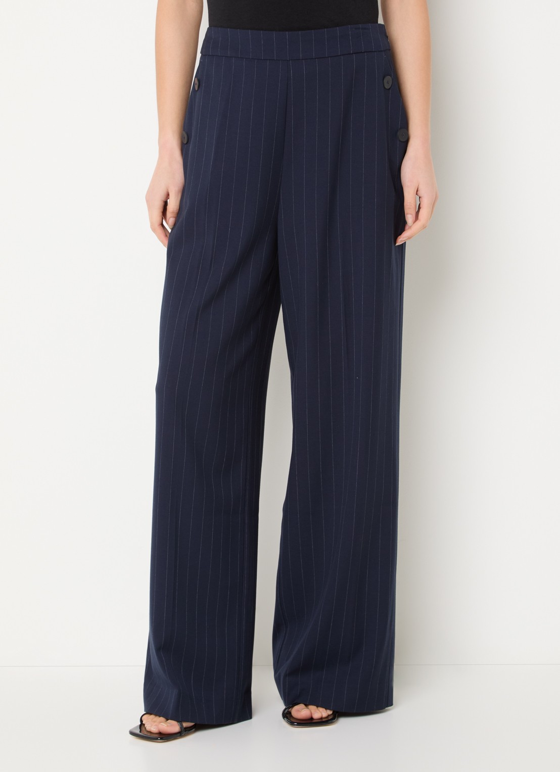 French Connection Alia high waist wide fit pantalon met krijtstreep en steekzakken - detail 4 donkerblauw