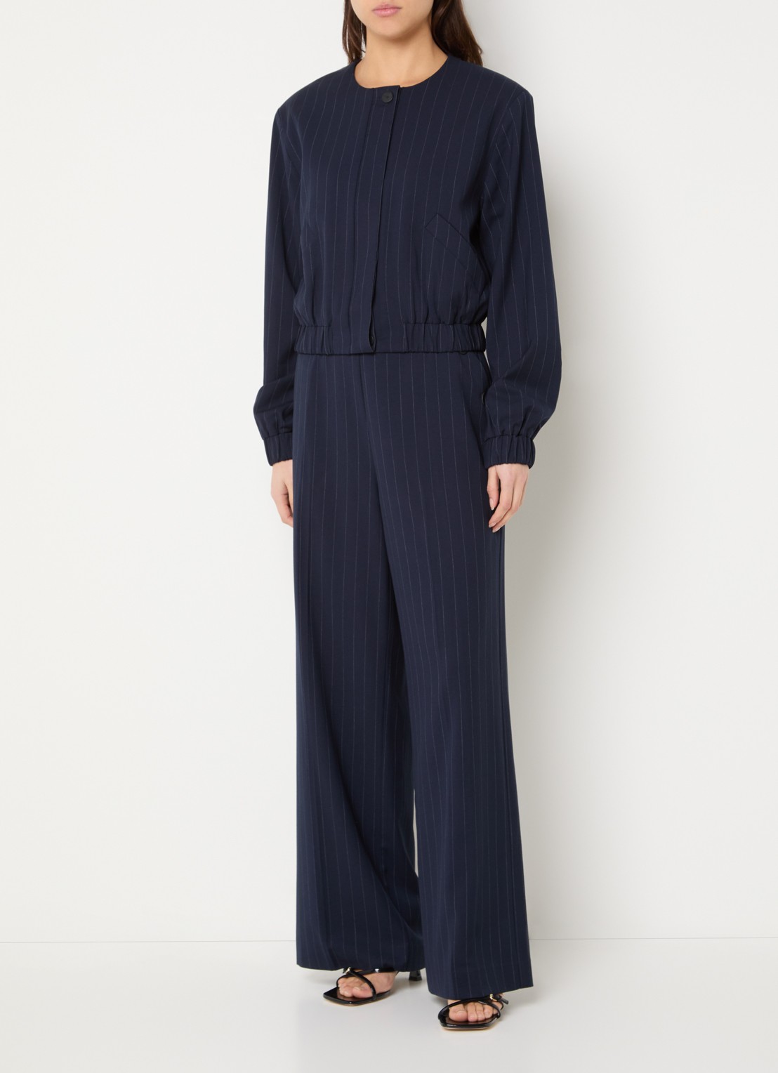 French Connection Alia high waist wide fit pantalon met krijtstreep en steekzakken - voorkant 3 donkerblauw