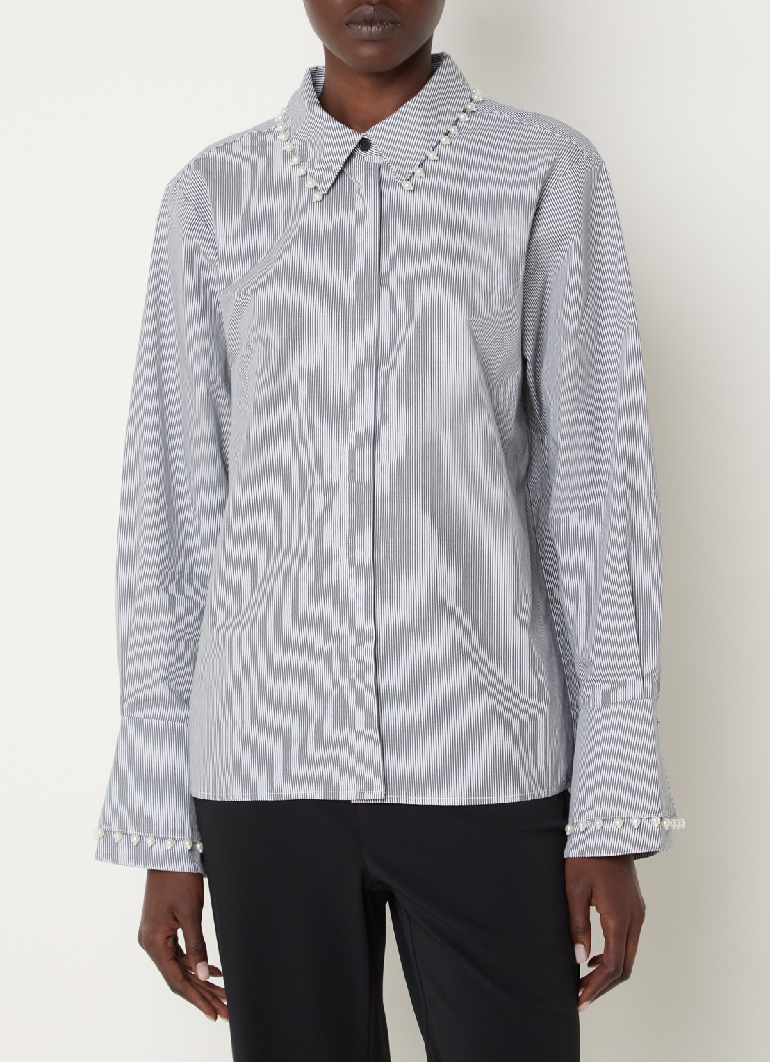 French Connection Cambria blouse met streepprint - detail 4 donkerblauw