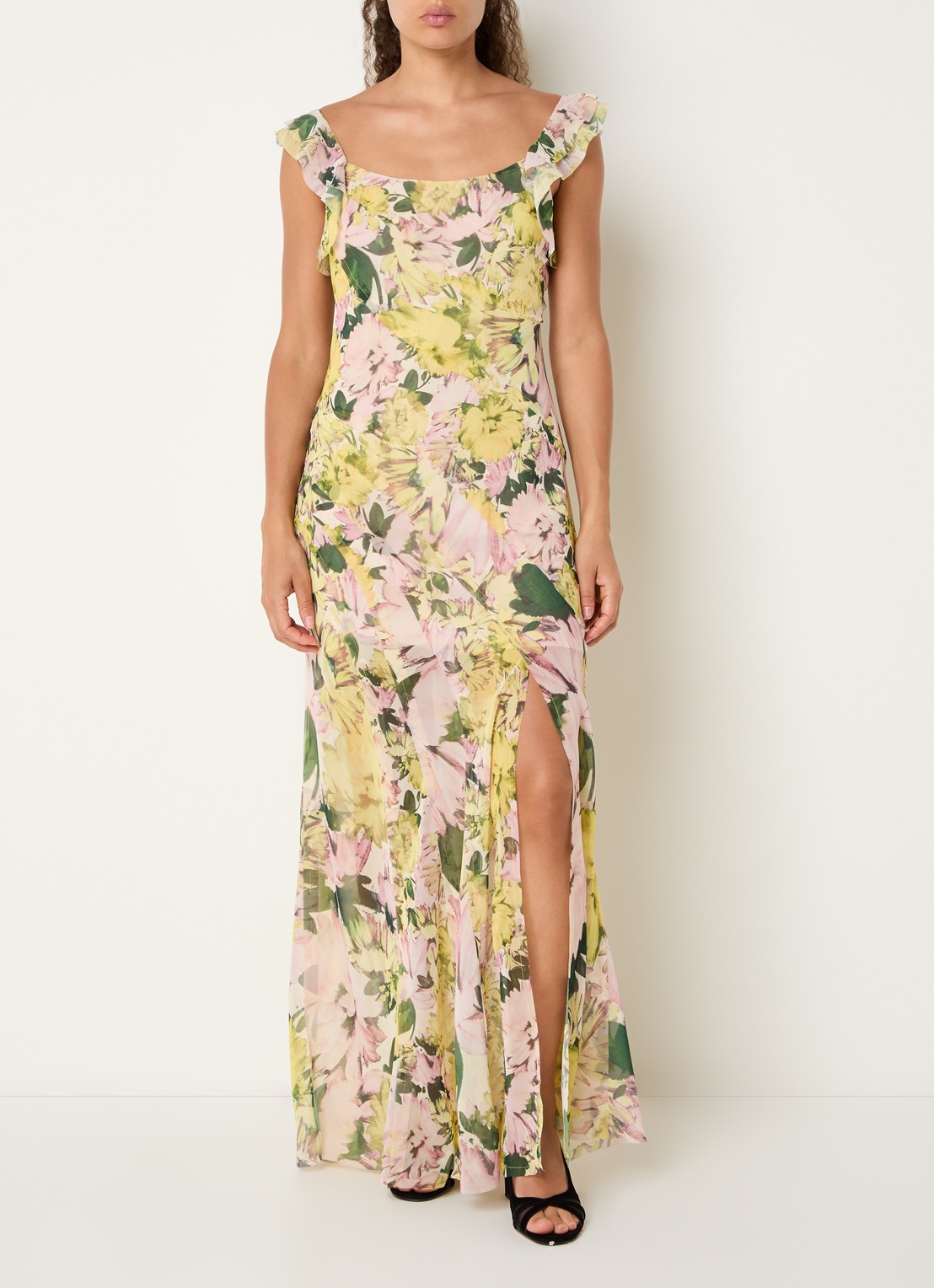 French Connection Carla maxi jurk met bloemenprint en split - detail 3 okergeel