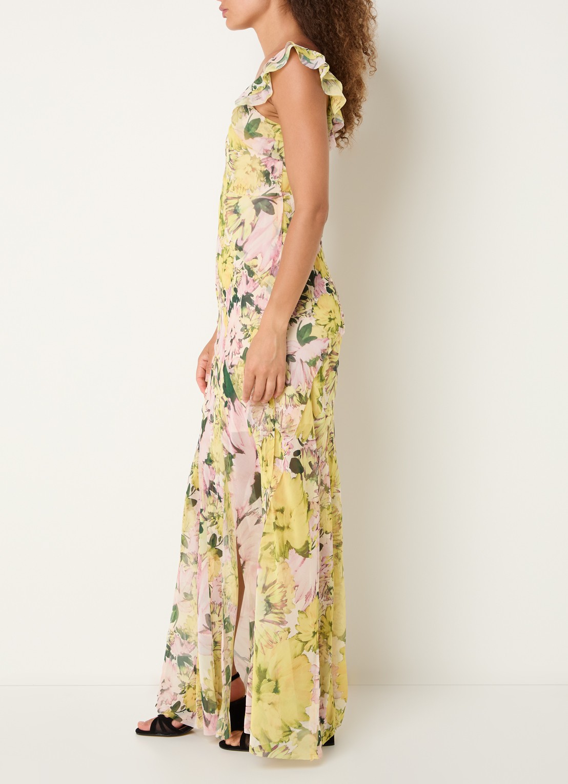 French Connection Carla maxi jurk met bloemenprint en split - voorkant 2 okergeel
