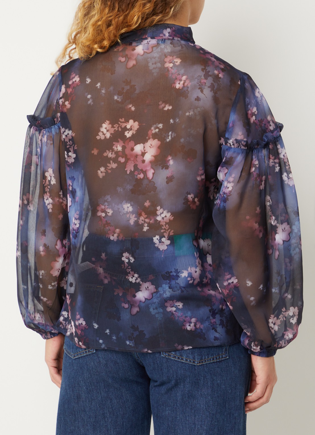 French Connection Clara semi-transparante blouse met sjaalkraag - achterkant 3 donkerblauw