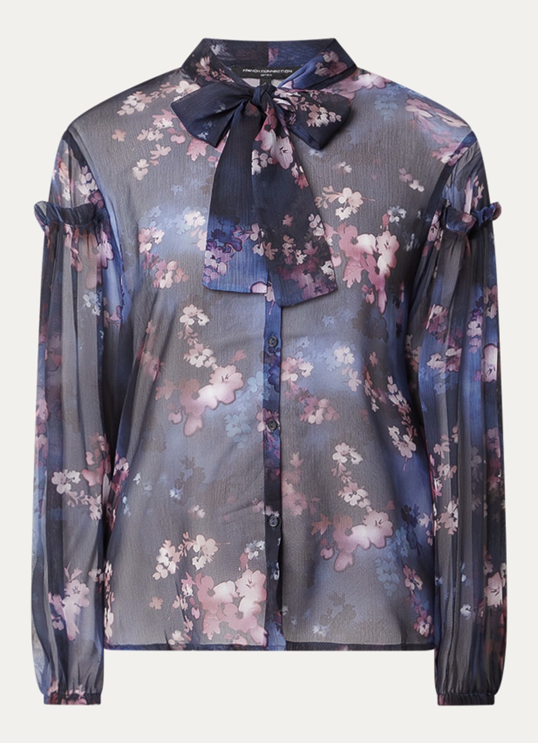 French Connection Clara semi-transparante blouse met sjaalkraag - voorkant donkerblauw