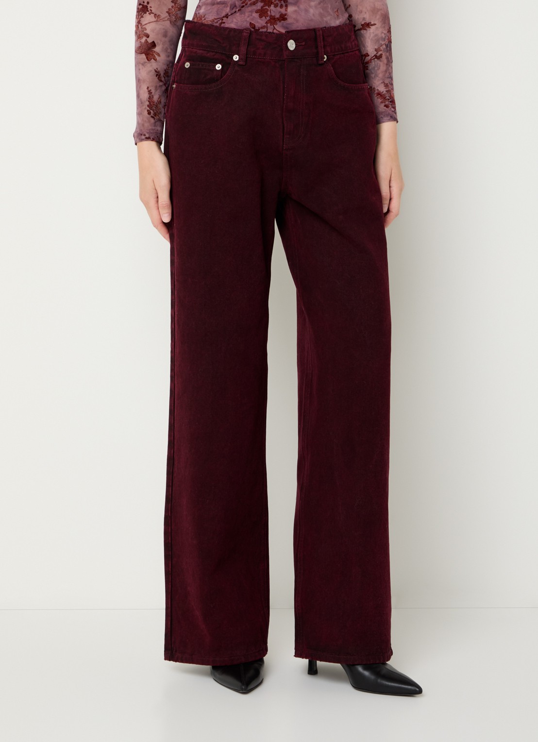 French Connection Dallas high waist straight leg jeans met gekleurde wassing - detail 3 bordeauxrood