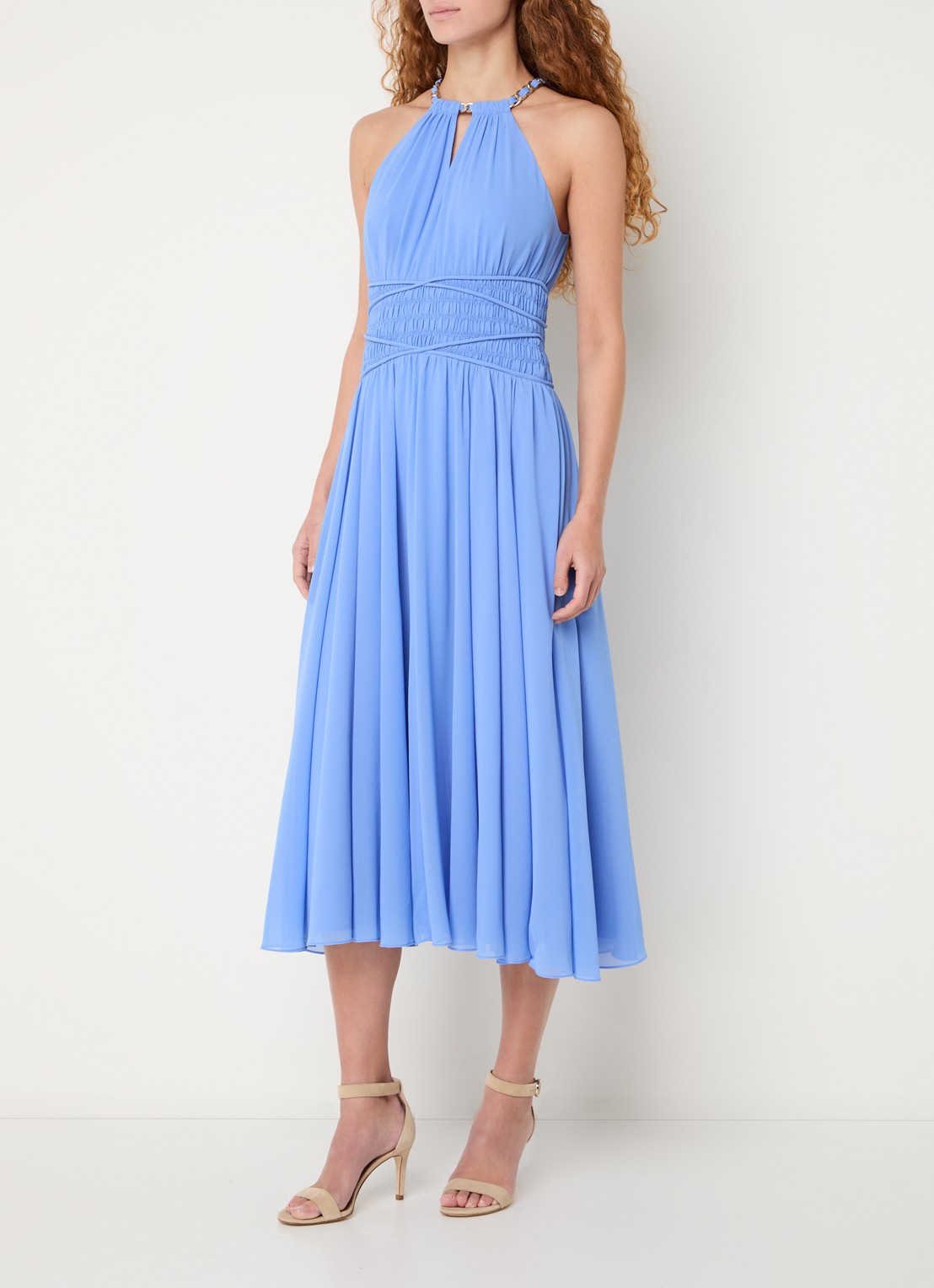 French Connection Eden midi jurk met smockwerk - voorkant 3 blauw