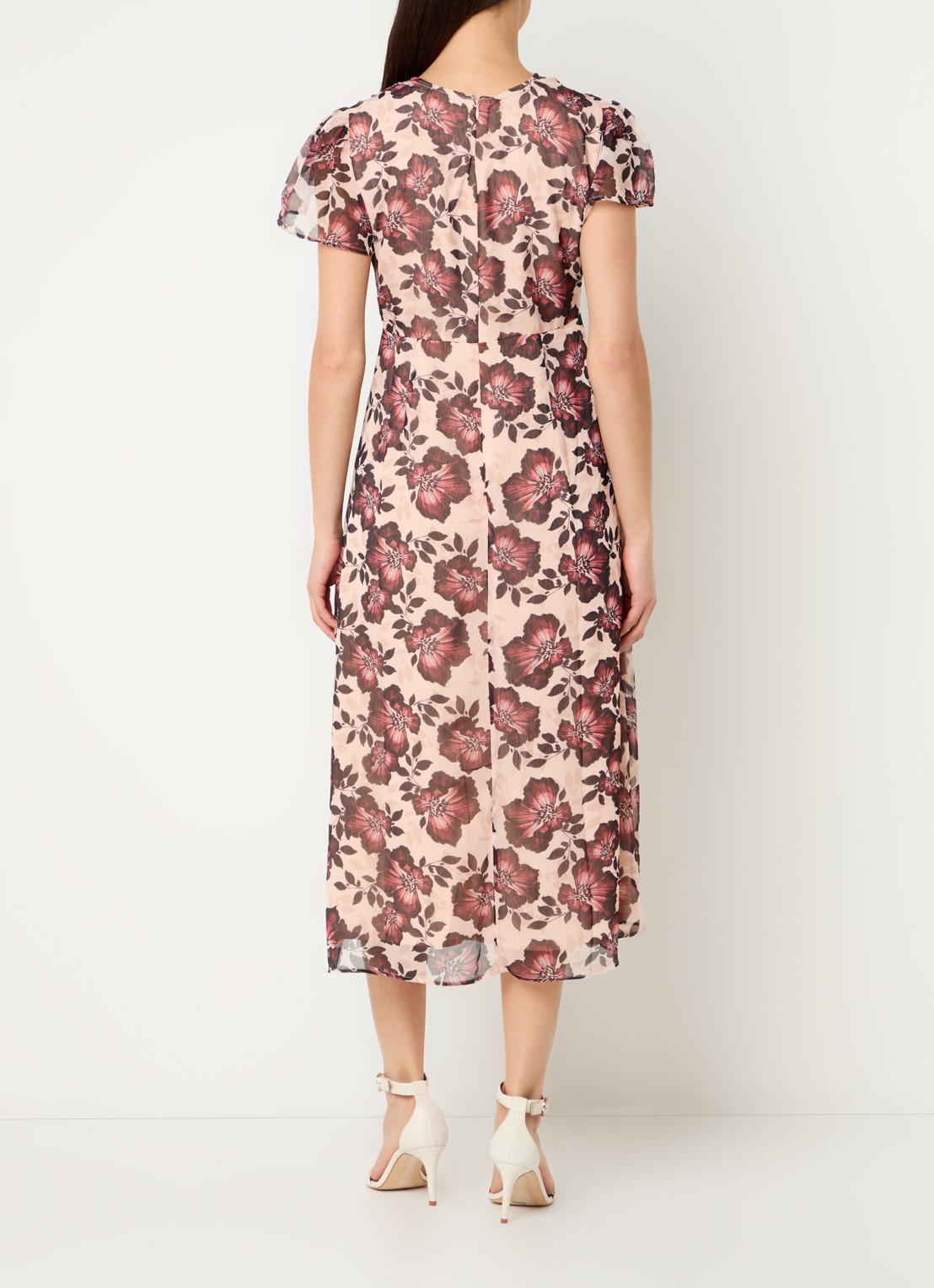 French Connection Elyse midi jurk met bloemenprint en sierknopen - achterkant 3 lichtroze