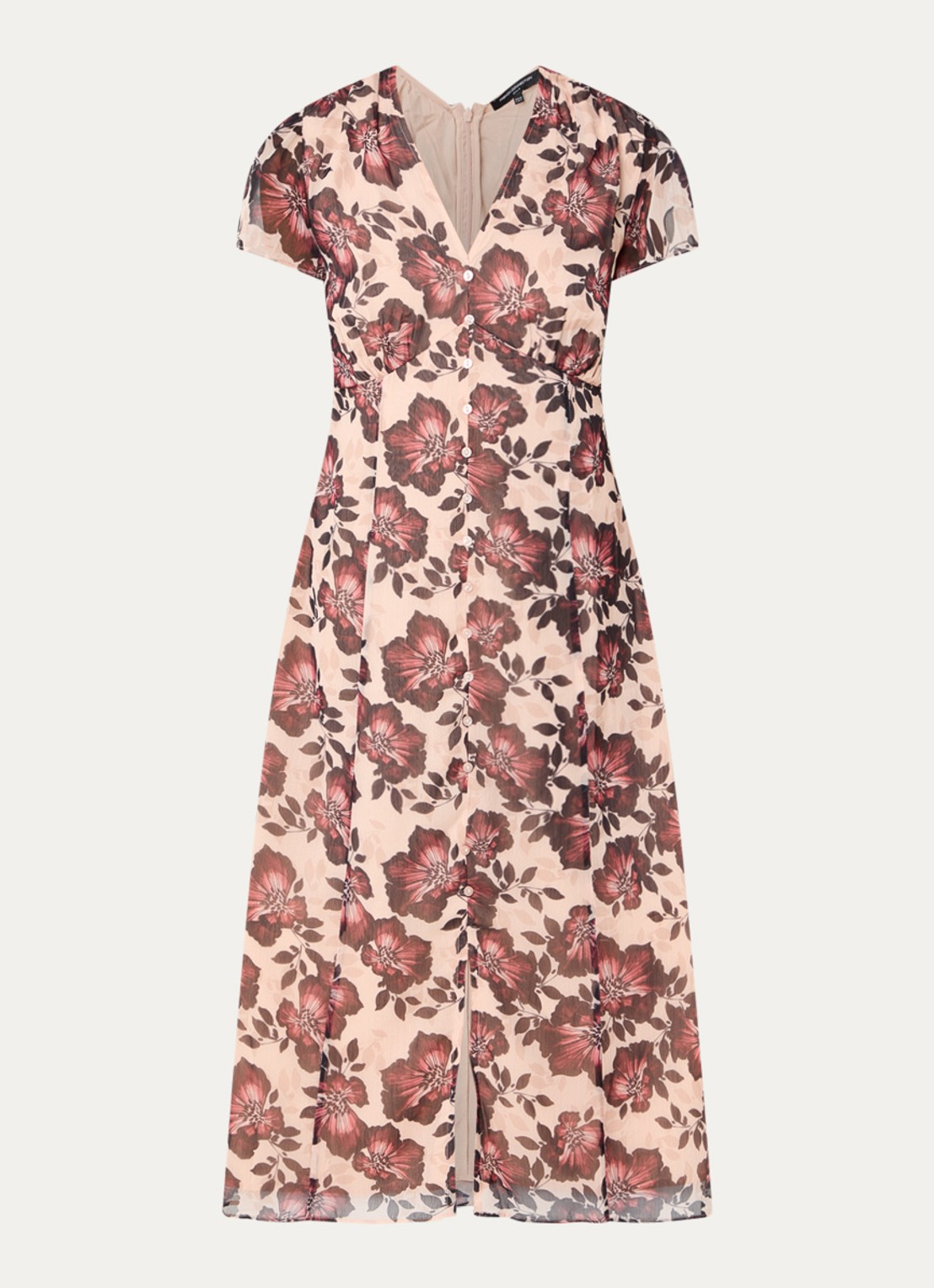French Connection Elyse midi jurk met bloemenprint en sierknopen - voorkant lichtroze