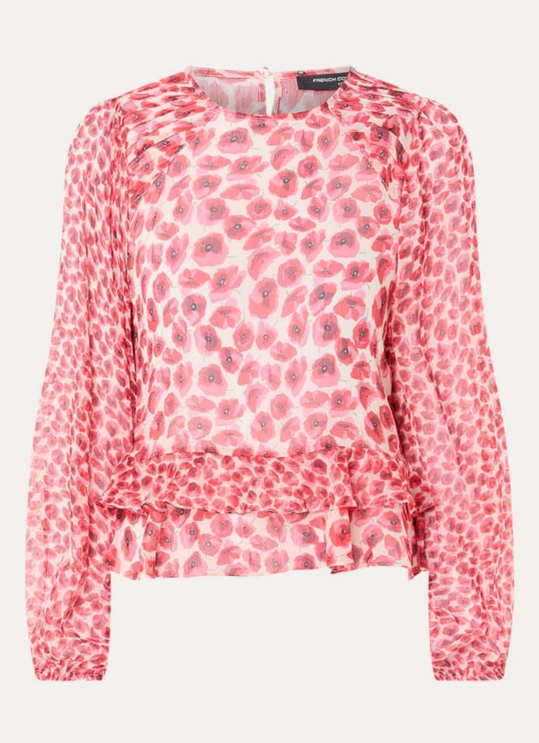 French Connection Emina semi-transparante tuniek met bloemenprint en ruches - voorkant 2 donkerroze
