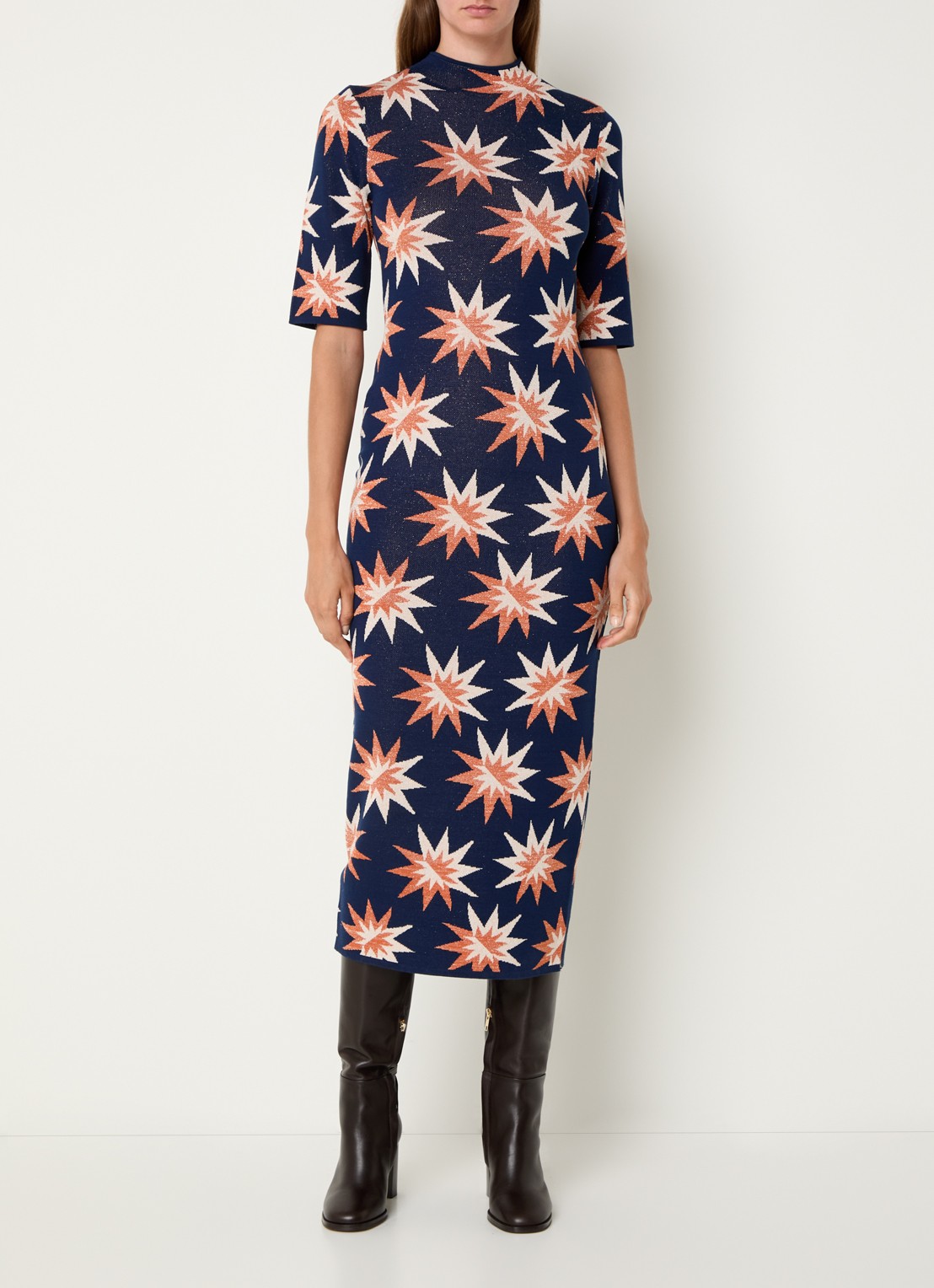 French Connection Fijngebreide maxi jurk met grafische print en lurex - detail donkerblauw